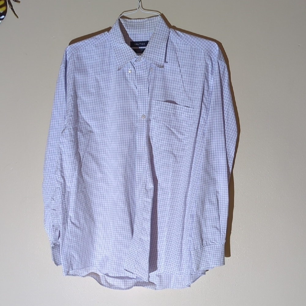 Nautica Men's White and Blue Plaid  Dress Shirt - Picture 2 of 8